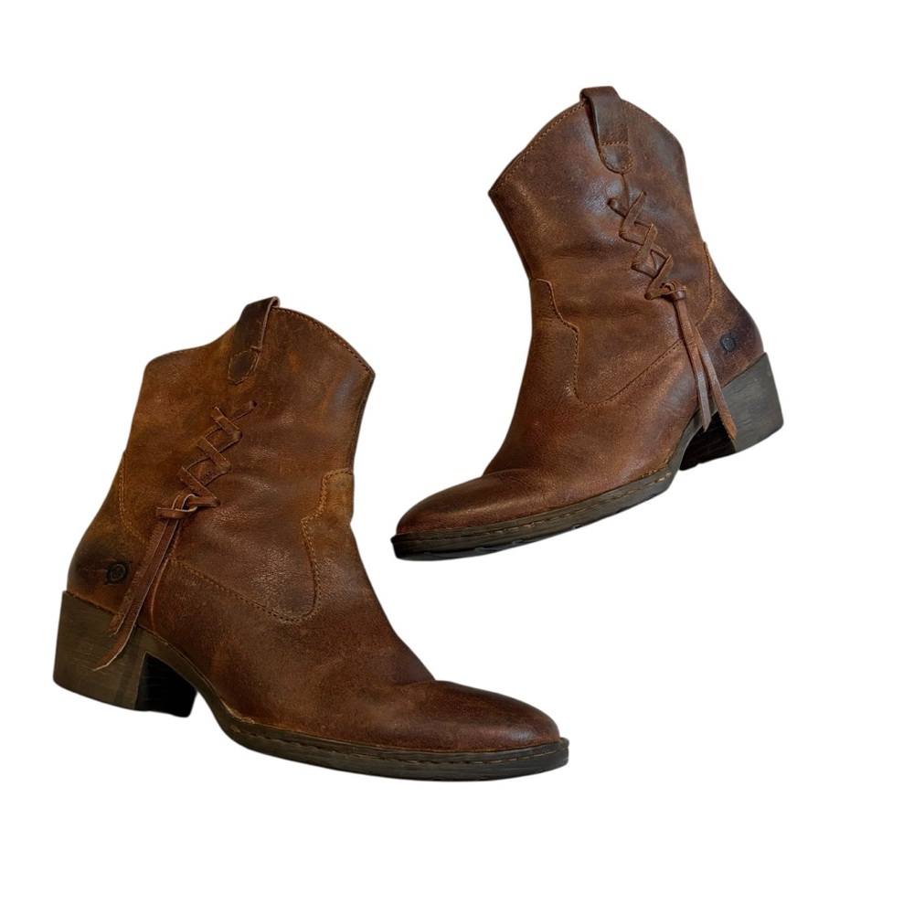 Born Karin Brown Distressed Leather Side Lace Western Ankle Boots, Sz 9 - Picture 4 of 16